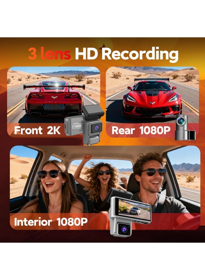 كاميرا داش كام S16، كاميرا أمامية بدقة 2K وكاميرا خلفية وداخلية بدقة 1080P، كاميرا سيارة ثلاثية القنوات مع واي فاي، رؤية ليلية، تصميم قابل للدوران، تسجيل بتقنية الفاصل الزمني - Image 5